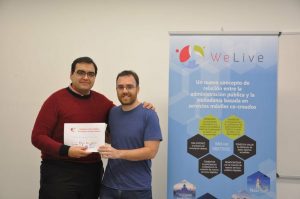 Antonio Jara, HOP Ubiquitous CEO, picking up the award from WeLive team. Antonio Jara, HOP Ubiquitous CEO, picking up the award from WeLive team.